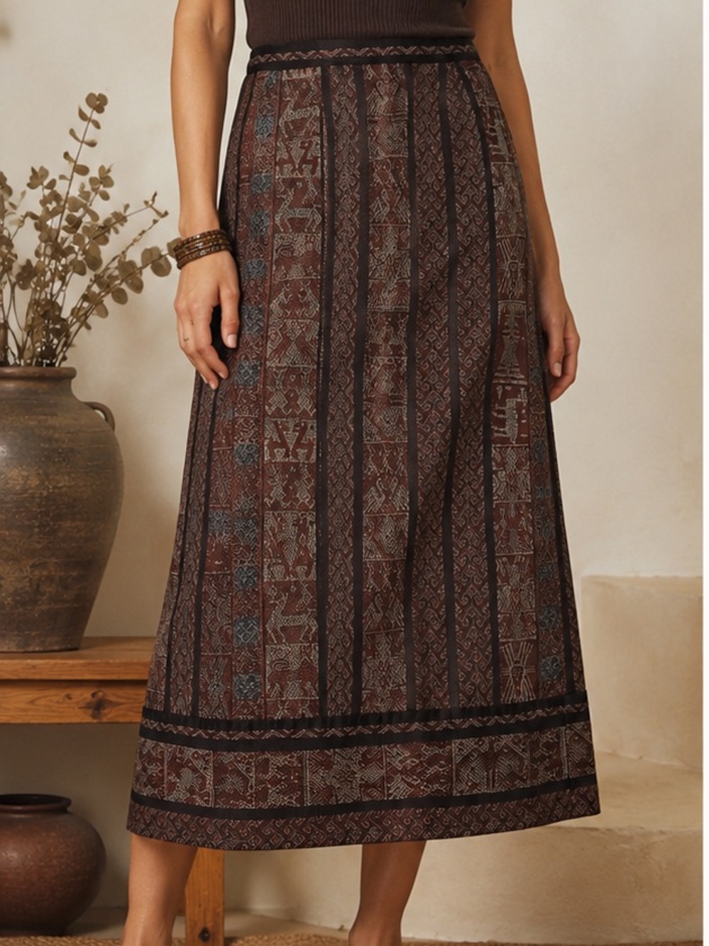 Peruvian Connection Pima Cotton Midi Skirt Geometric folklore motif Size 8